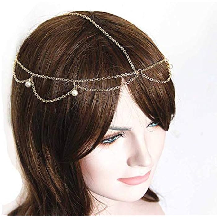 Bomine Boho Pearl Head Chain Tassel Hair Chain Forehead Festival Wedding Headpieces Hair Acessories for Women and Girls (Gold) - Image 4
